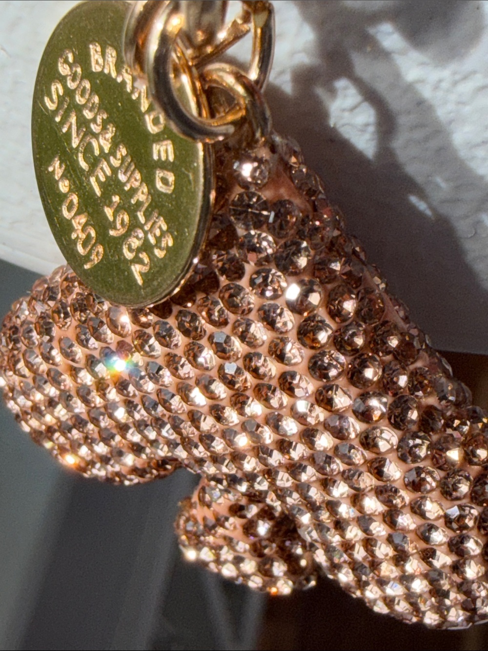Spade stamped keychain/bag charm pink rhinestones,gold meta like new,